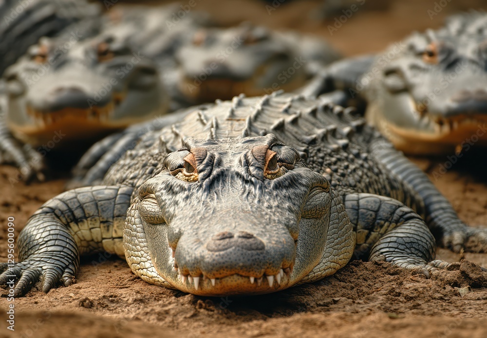 Fototapeta premium Close-Up of Alligator Resting on Ground Surrounded by Other Alligators in Natural Habitat Captured in Detail and Vibrant Colors