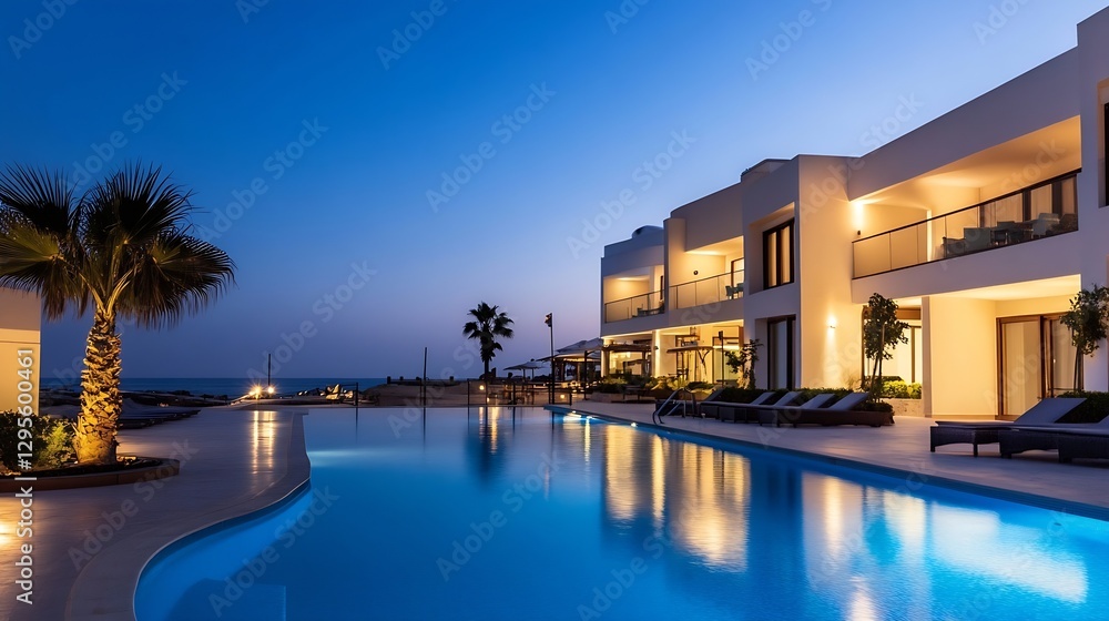 Obraz premium Luxury Resort Pool at Dusk with Palm Trees and Modern Architecture : Generative AI