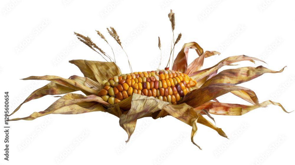 Obraz premium Indian corn cob with dried leaves on transparent background