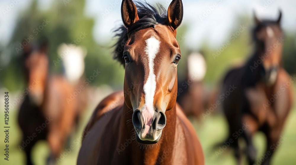 Obraz premium A majestic brown horse gazes directly at the camera amidst a blurred herd in a lush green field under a clear blue sky : Generative AI