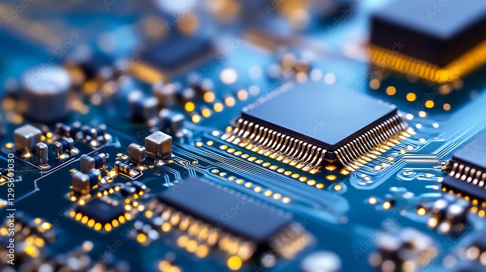 Obraz premium Close up view of a computer circuit board showcasing microchips and electronic components : Generative AI