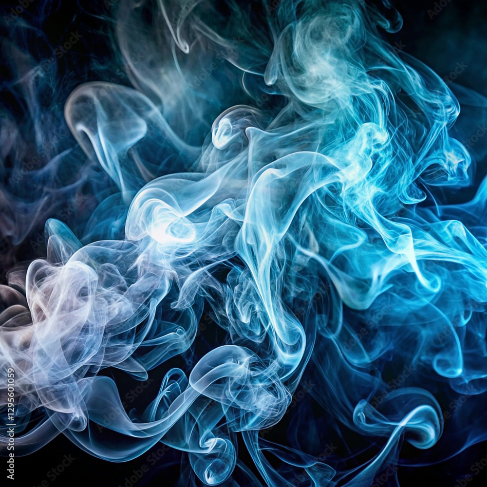 Fototapeta premium Abstract swirling blue and white smoke on black background. (3)