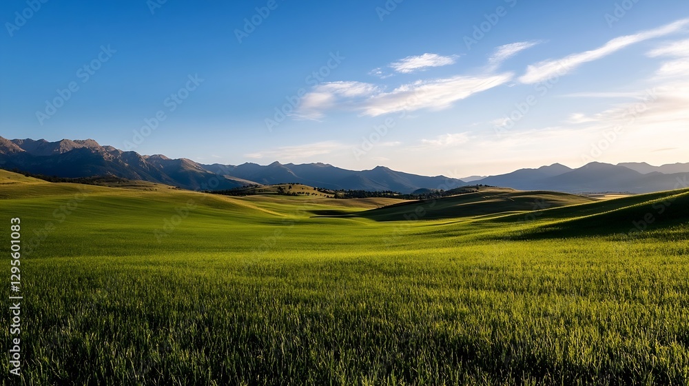 Expansive Green Fields Under Bright Sky with Beautiful Mountains in the Distance at Sunset : Generative AI Expansive Green Fields Under Bright Sky with Beautiful Mountains in the Distance at Sunset : Generative AI