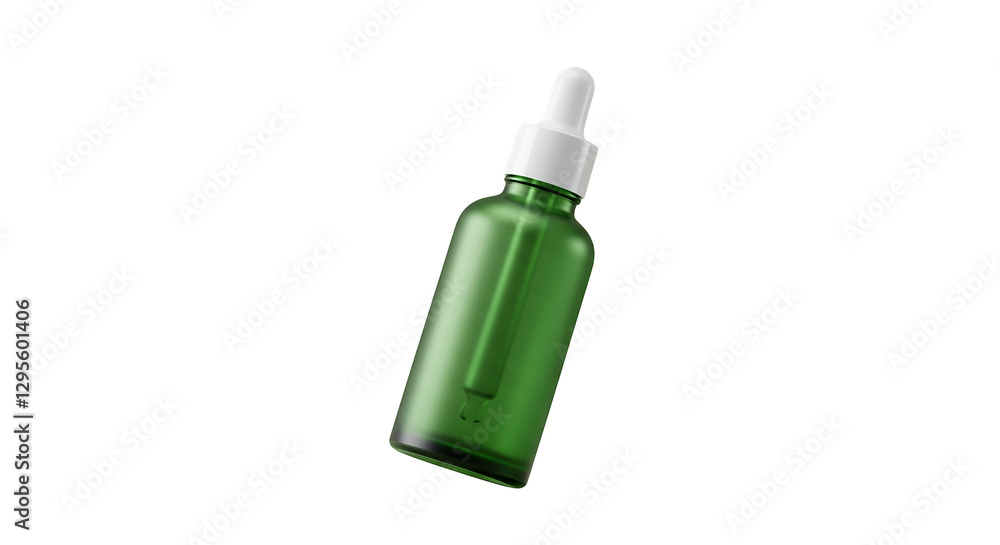 A studio shot of a luxurious green frosted glass dropper bottle with a smooth, minimalist white cap and rubber dropper, floating slightly above the surface, perfectly centered A studio shot of a luxurious green frosted glass dropper bottle with a smooth, minimalist white cap and rubber dropper, floating slightly above the surface, perfectly centered