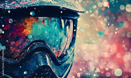 Intense paintball mask covered in colorful paint splatters, extreme close-up detailed capture