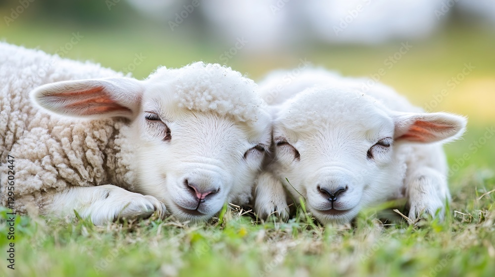 Fototapeta premium Two adorable sleeping lambs resting peacefully on green grass in a sunny meadow setting : Generative AI