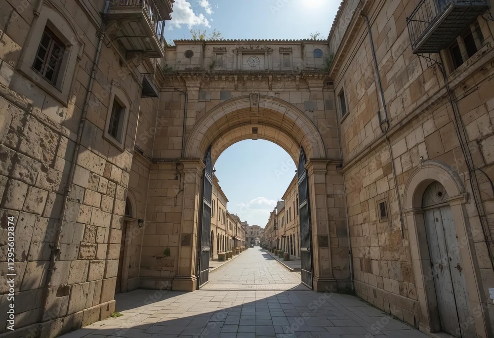 Naklejka premium A courtyard with a beautiful old house surrounded by plants, arches, and columns in Milan, Italy