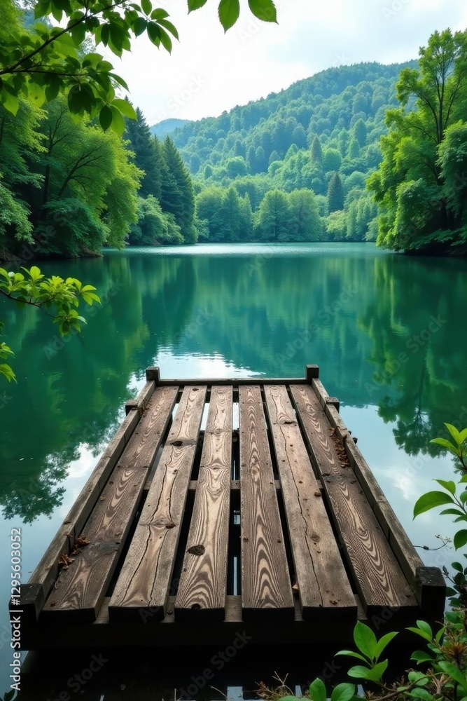 Old weathered dock on still lake, lush green forest surrounds, stock, green Old weathered dock on still lake, lush green forest surrounds, stock, green