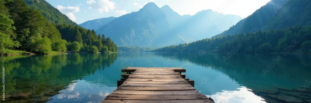Old wooden pier on tranquil lake; lush forest and majestic peaks, still, visual, trees Old wooden pier on tranquil lake; lush forest and majestic peaks, still, visual, trees