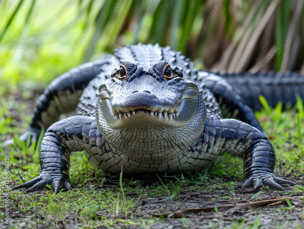 Fototapeta premium Close-Up of an Alligator Lying on Grass Surrounded by Lush Greenery, Showcasing Its Unique Texture and Expression in Natural Habitat
