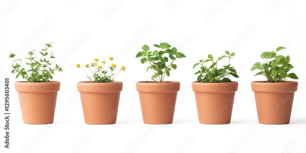 Fototapeta premium A row of five potted plants are lined up on a white background