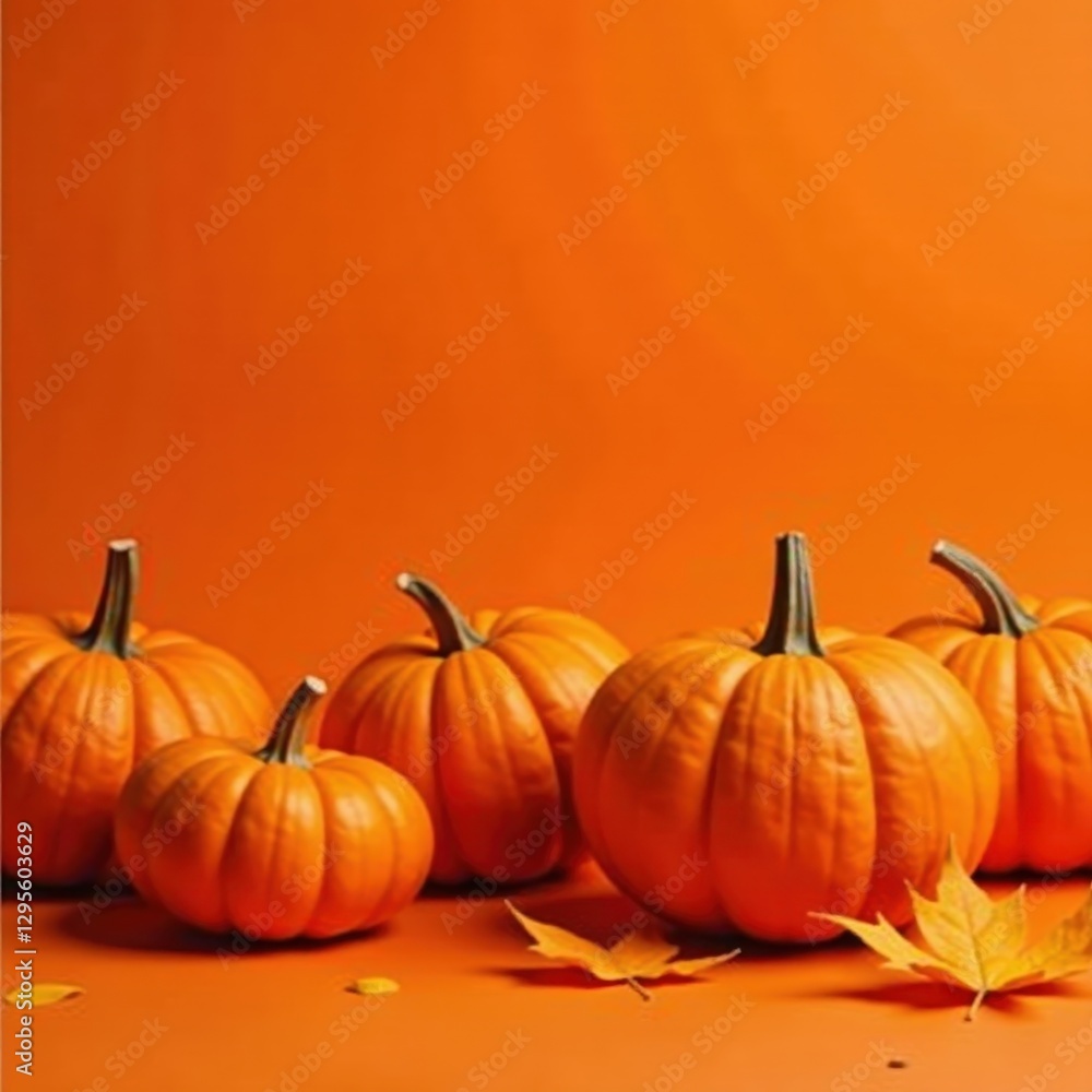 Multiple pumpkins plummet, single leaf drifts, bold orange backdrop, countryside, element Multiple pumpkins plummet, single leaf drifts, bold orange backdrop, countryside, element