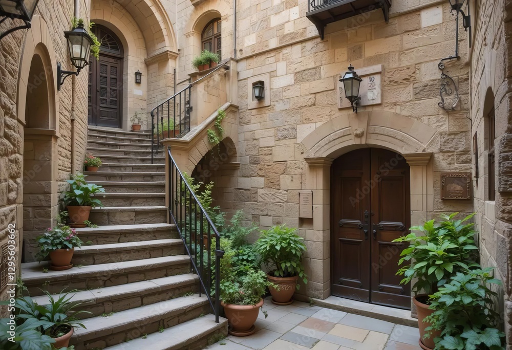 Naklejka premium A medieval inner courtyard with stone walls, stairs, and plants