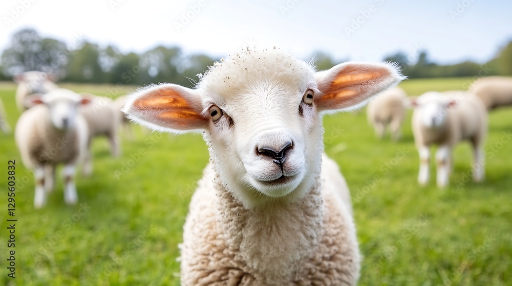 Fototapeta premium Friendly sheep looking directly at the camera while grazing in a lush green field : Generative AI