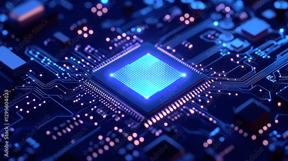 Glowing Blue CPU Chip on Dark Circuit Board Glowing Blue CPU Chip on Dark Circuit Board