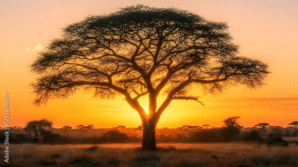 Silhouette of an acacia tree against the backdrop of an African savanna at sunset, with warm orange hues from the sun. Aesthetic background. Silhouette of an acacia tree against the backdrop of an African savanna at sunset, with warm orange hues from the sun. Aesthetic background.