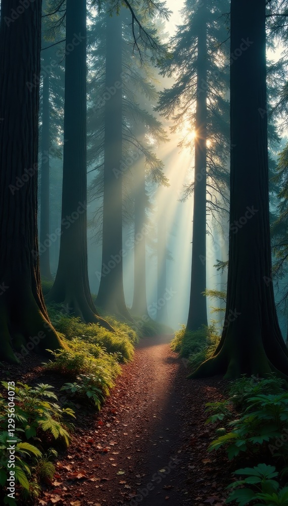 Naklejka premium Misty morning, Redwood canopy overhead, trail winds onward , peaceful, trees, morning