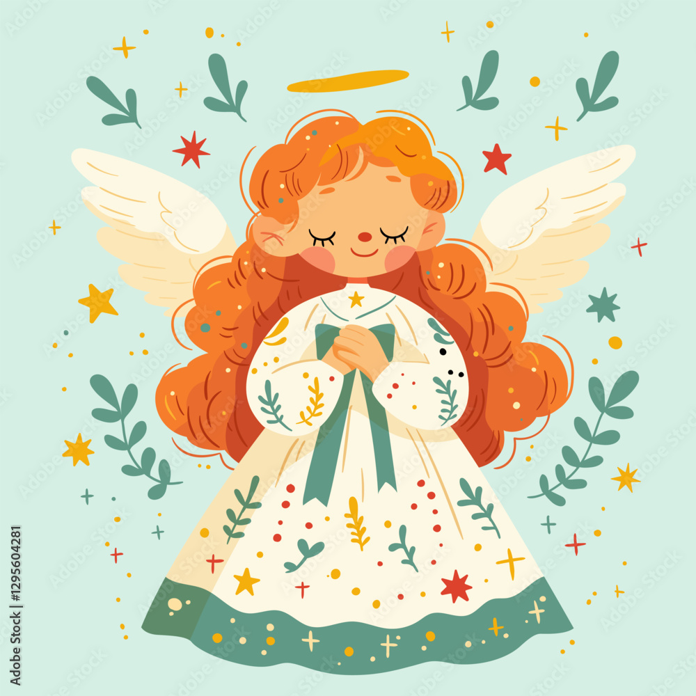 A spring card. A cute little angel girl is holding a bow with wings and a halo above her head. A spring card. A cute little angel girl is holding a bow with wings and a halo above her head.