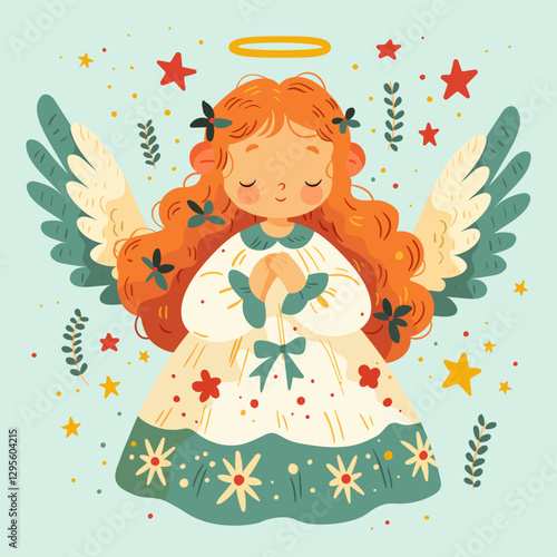 A spring card. Cute angel girl with wings and a halo over her head