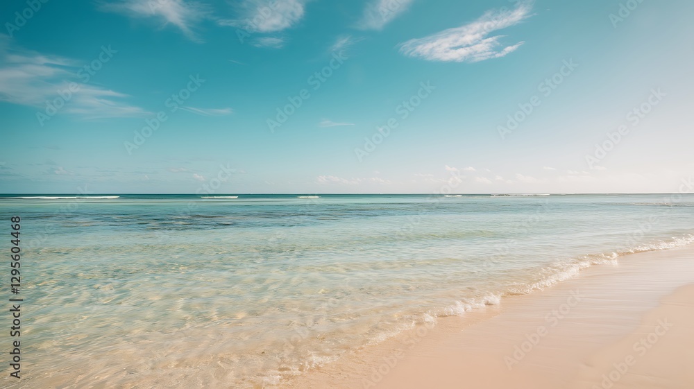 Fototapeta premium Tranquil Beach Scene: The turquoise ocean kisses a pristine sandy beach beneath a bright sky. A perfect escape to paradise.