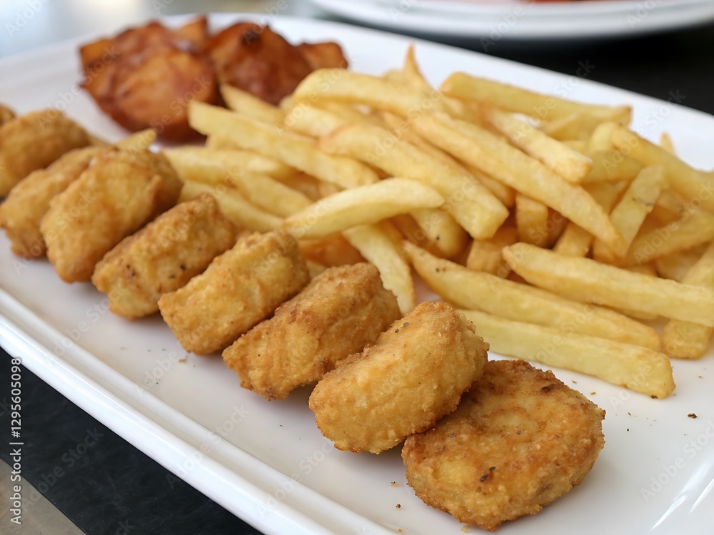 chicken nuggets with French fries and ketchup , Fried chicken nuggets with french fries and sauce isolated, fried chicken with french fries and nuggets meal chicken nuggets with French fries and ketchup , Fried chicken nuggets with french fries and sauce isolated, fried chicken with french fries and nuggets meal