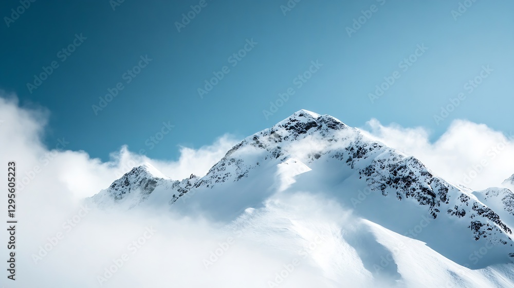 Obraz premium Majestic snowy mountain peaks breaking through clouds under a clear blue sky showcasing nature's splendor : Generative AI