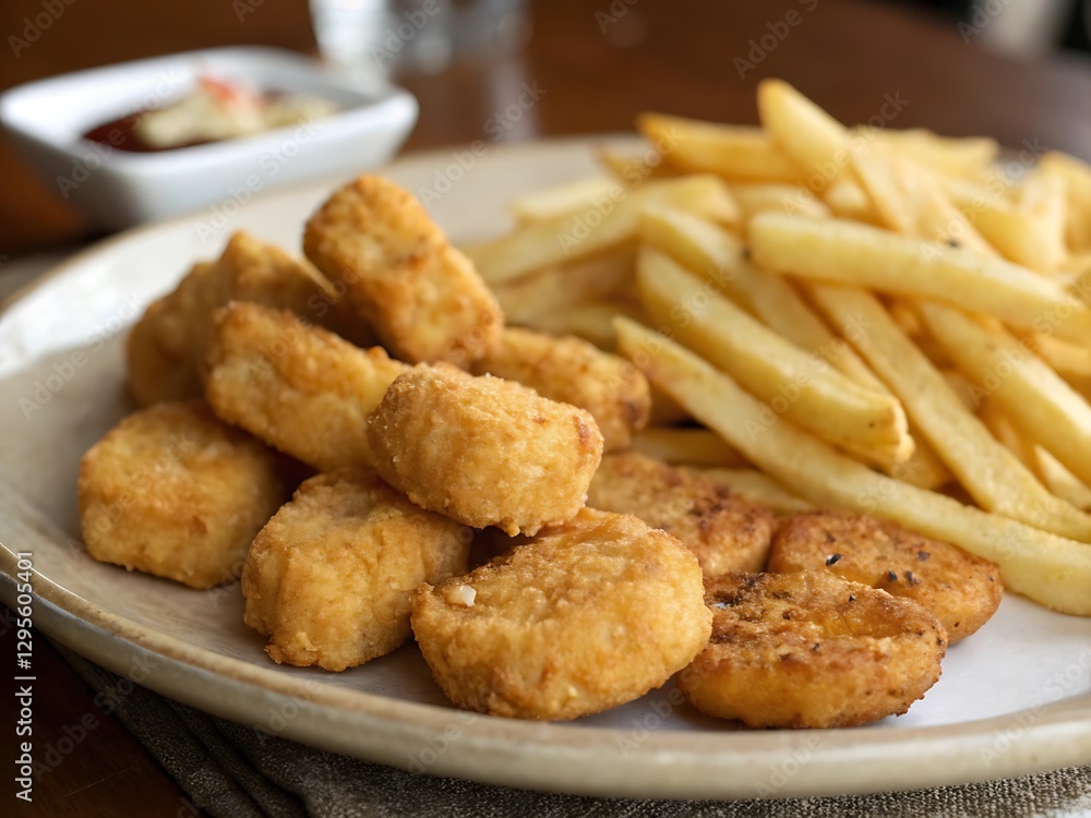 chicken nuggets with French fries and ketchup , Fried chicken nuggets with french fries and sauce isolated, fried chicken with french fries and nuggets meal chicken nuggets with French fries and ketchup , Fried chicken nuggets with french fries and sauce isolated, fried chicken with french fries and nuggets meal