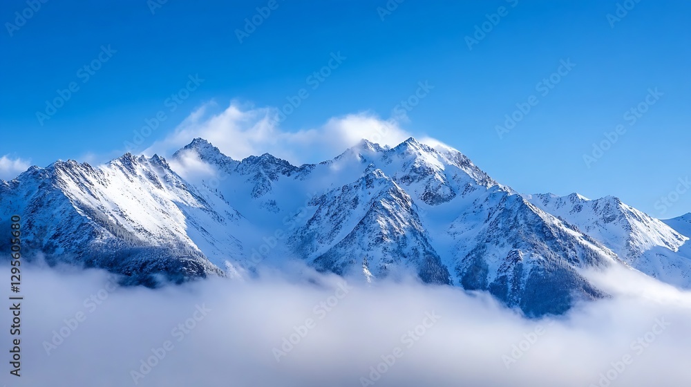 Stunning panoramic view of snow capped mountains against a clear blue sky with wispy clouds in the background : Generative AI Stunning panoramic view of snow capped mountains against a clear blue sky with wispy clouds in the background : Generative AI