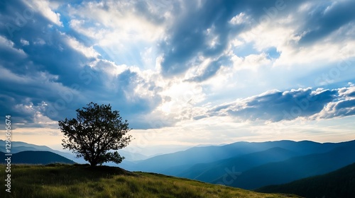 Dramatic Sunset with Lone Tree on a Hill Overlooking Mountain Range : Generative AI photo