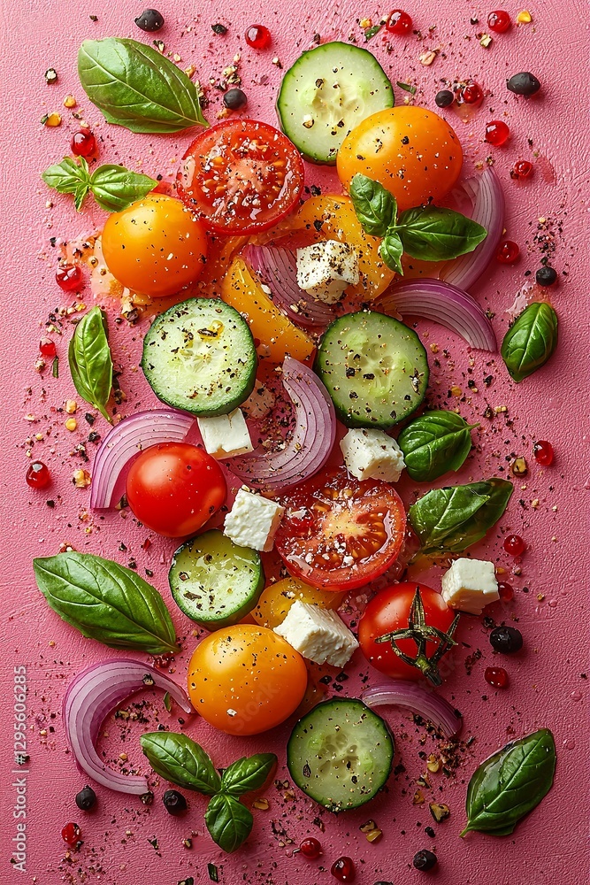 A colorful salad of tomatoes, cucumbers, onions, and feta cheese on a pink surface A colorful salad of tomatoes, cucumbers, onions, and feta cheese on a pink surface