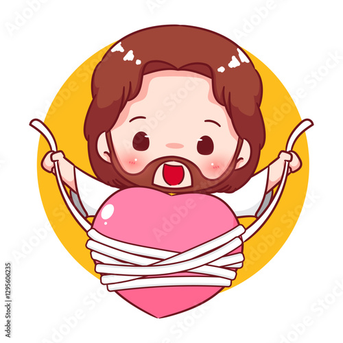 Cute Jesus chibi healing heart cartoon character. Christian Catholic concept design. Vector icon mascot illustration.