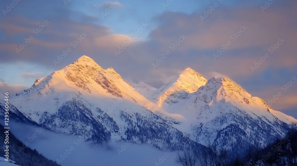 Fototapeta premium Majestic snow capped mountains at sunset illuminating winter scenery : Generative AI