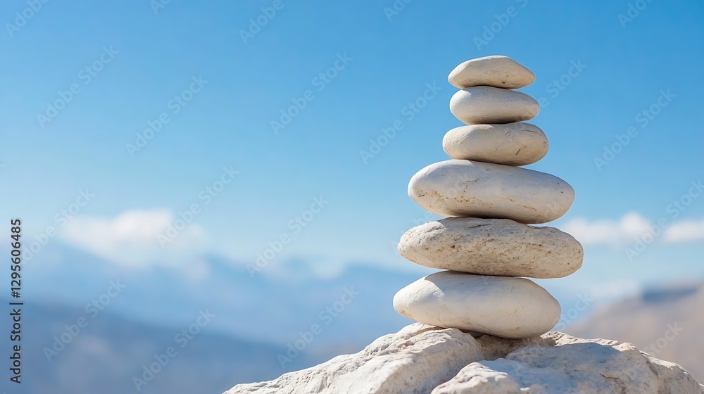 Cairn of smooth stones balanced on a rock against a clear blue sky symbolizing tranquility and meditation : Generative AI Cairn of smooth stones balanced on a rock against a clear blue sky symbolizing tranquility and meditation : Generative AI