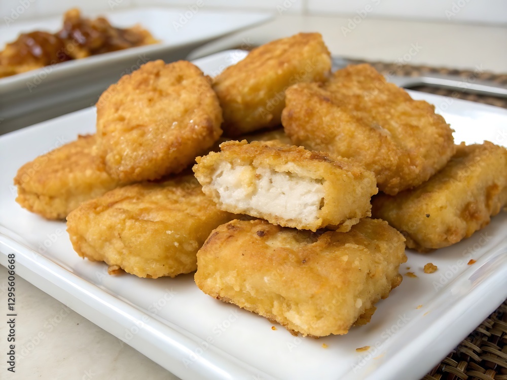 chicken nuggets with ketchup, Pile of golden deep-fried battered chicken nuggets , Fried chicken nuggets chicken nuggets with ketchup, Pile of golden deep-fried battered chicken nuggets , Fried chicken nuggets