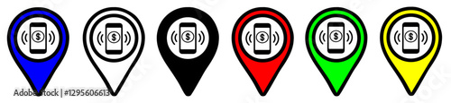 Flat map pins  icons  set for сell phone shop, in different colors, location icons set on transparent background. Position symbols or GPS positioning