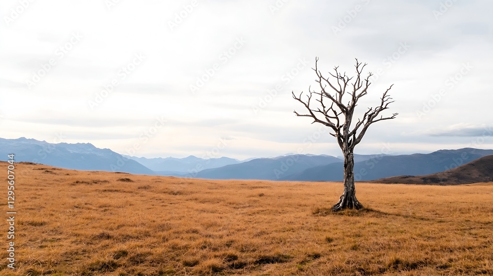 Obraz premium Lonely lifeless tree on a barren field against a backdrop of mountains : Generative AI