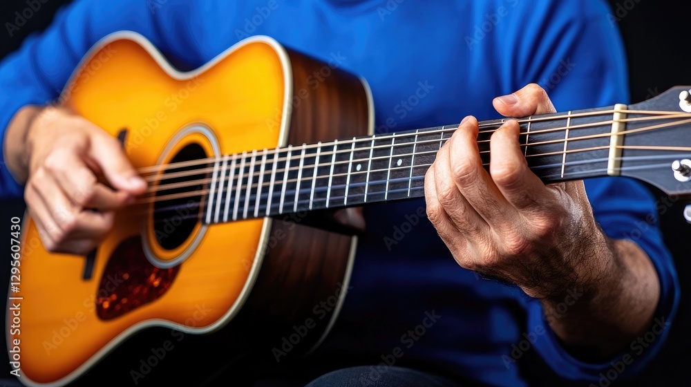 Obraz premium Live acoustic guitar performance indoor studio music content close-up view artistry concept