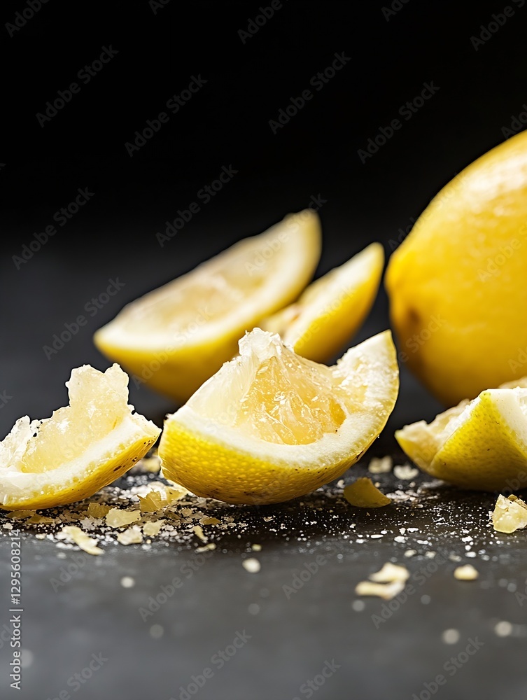 Artistic capture of fresh lemon segments broken apart with zest and juicy pulp exposed on a dark surface : Generative AI Artistic capture of fresh lemon segments broken apart with zest and juicy pulp exposed on a dark surface : Generative AI