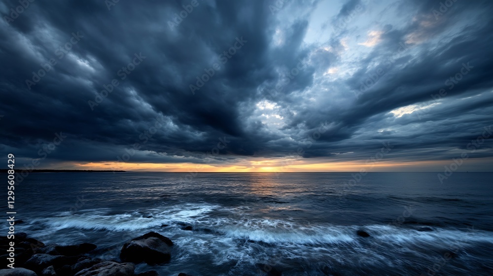 Fototapeta premium Stunning Sunset Over the Ocean with Dramatic Dark Clouds Creating a Visual Masterpiece : Generative AI