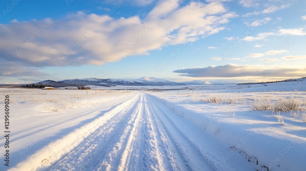 Scenic Snowy Pathway Under Blue Skies and Fluffy Clouds in a Winter Landscape : Generative AI Scenic Snowy Pathway Under Blue Skies and Fluffy Clouds in a Winter Landscape : Generative AI