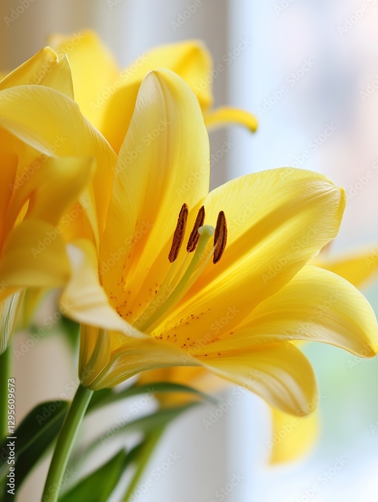Obraz premium Beautiful closeup of vibrant yellow lilies in a soft light setting providing a warm and inviting atmosphere : Generative AI