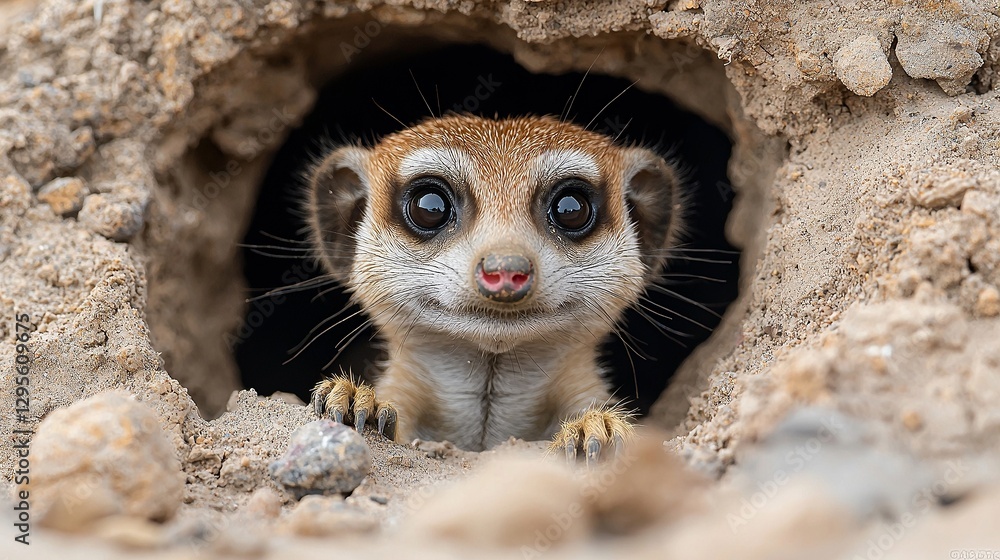 Fototapeta premium A small meerkat peeking out of a hole in the ground