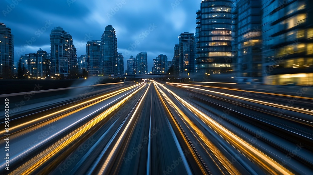 Fototapeta premium Dynamic cityscape at dusk featuring fastmoving light trails on road with modern buildings in the background : Generative AI