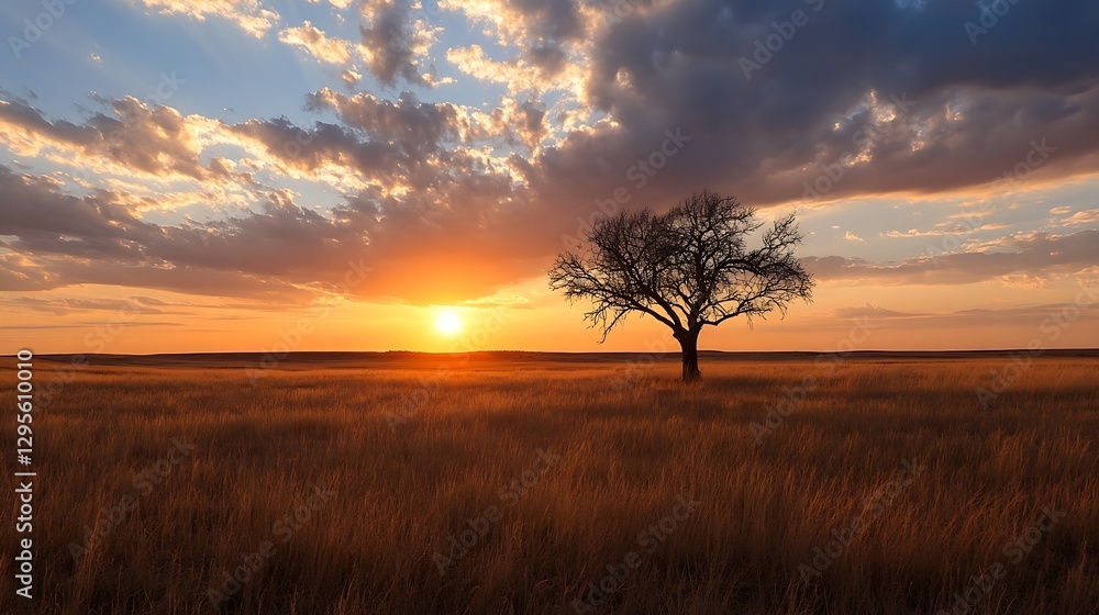 Fototapeta premium Stunning sunset view with a solitary tree in an expansive golden field under vibrant clouds : Generative AI