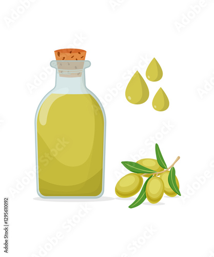 Olive oil jug jar bottle and green olives with leaves - vector illustration