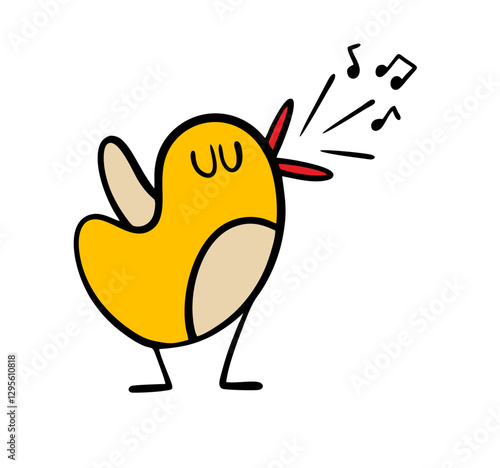 Yellow nightingale or a canary chirps loudly. Vector illustration of  bird singing a song, a loud pleasant voice. Arthritis on the stage of the theater. Isolated funny character on white background.