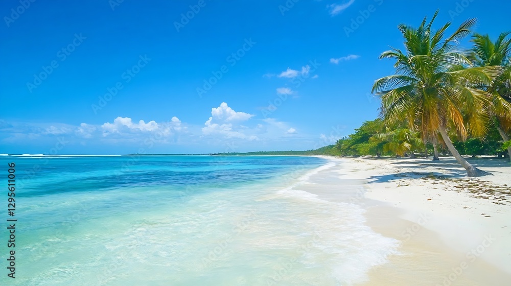 Fototapeta premium Tropical Beach Paradise Under Bright Blue Sky with Palm Trees and Crystal Clear Water : Generative AI