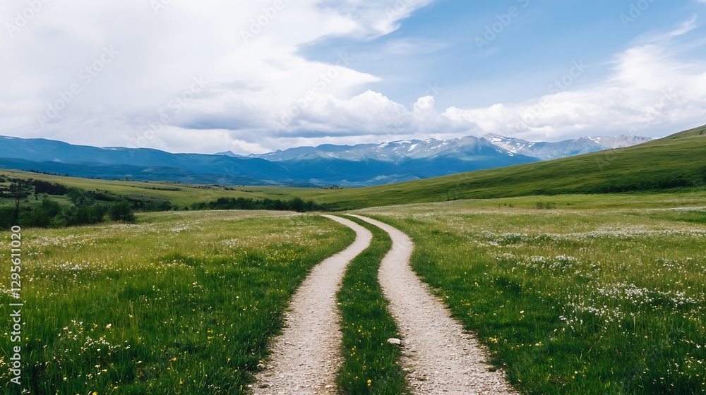 Scenic winding dirt path through lush green fields leading towards majestic mountains : Generative AI Scenic winding dirt path through lush green fields leading towards majestic mountains : Generative AI