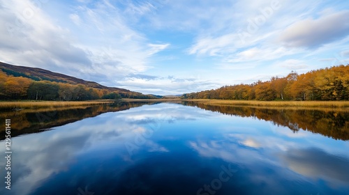 Reflection of Autumn Colors in a Still Lake Surrounded by Scenic Nature : Generative AI
