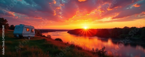 Illinois sunset, Mississippi River, travel trailer panorama, beautiful, clouds, green